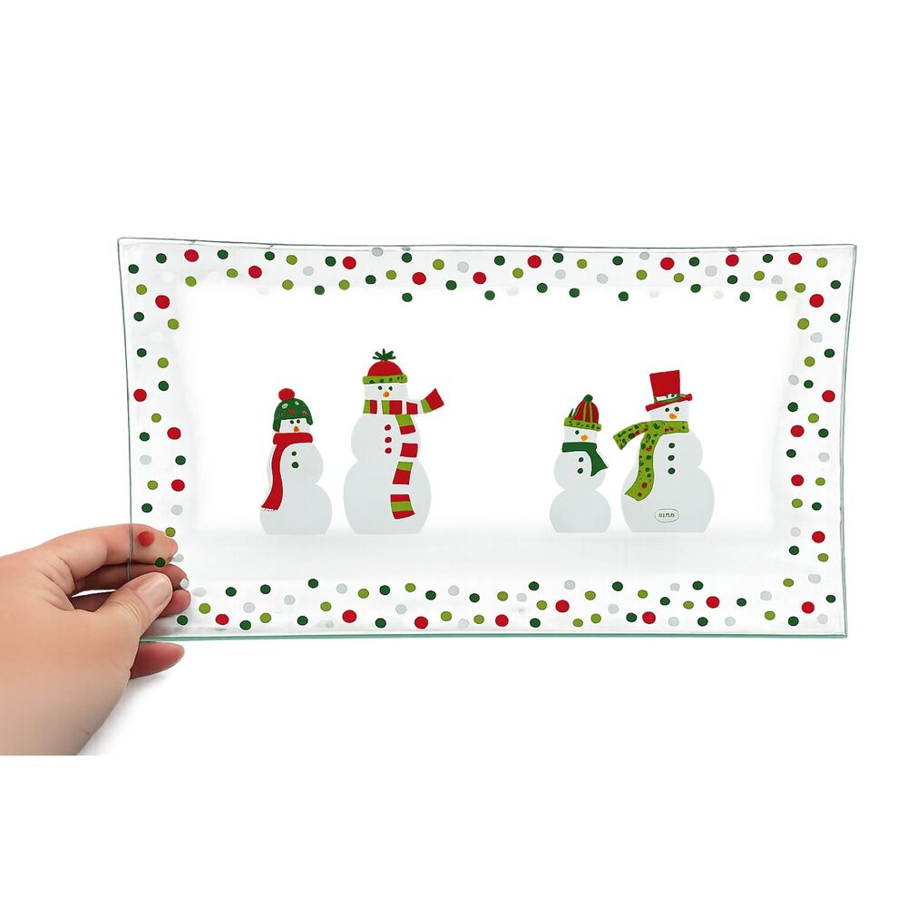 Pampered Chef Snowmen Glass Platter 13.5x7.5 Holiday Christmas Dots